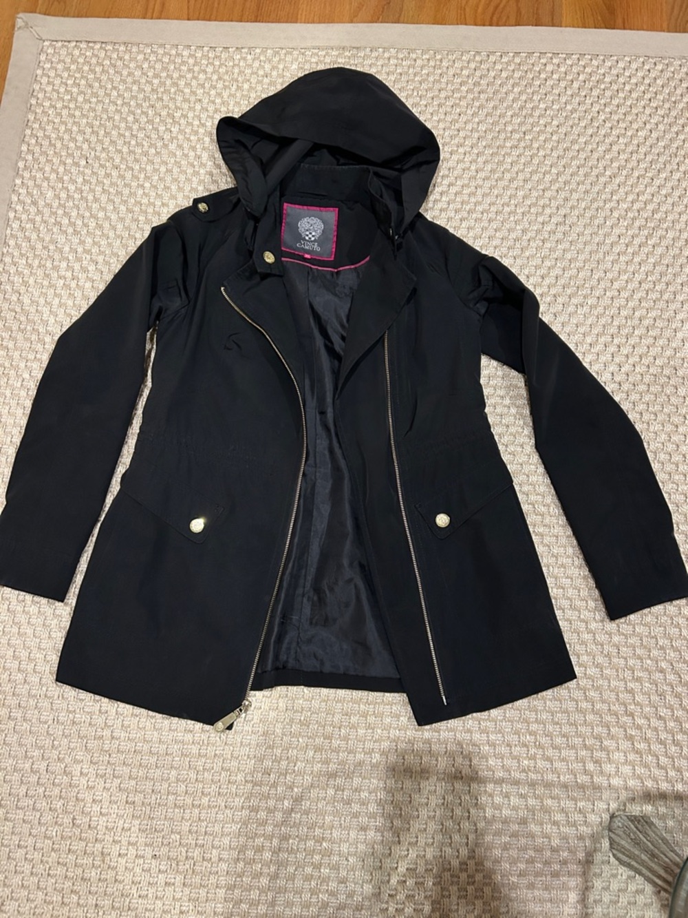 Vince Camuto Black Hooded Asymmetrical Zip-Front Rain Coat.